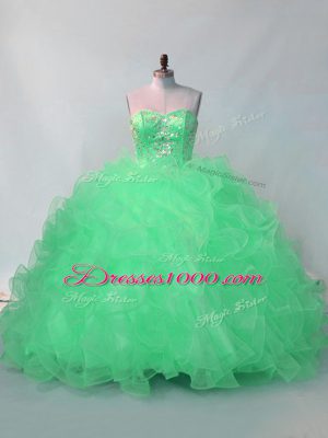 Chic Floor Length Green Quince Ball Gowns Organza Sleeveless Beading and Ruffles