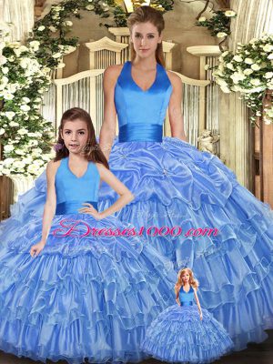 Trendy Baby Blue Quince Ball Gowns Sweet 16 and Quinceanera with Ruffles and Pick Ups Halter Top Sleeveless Lace Up