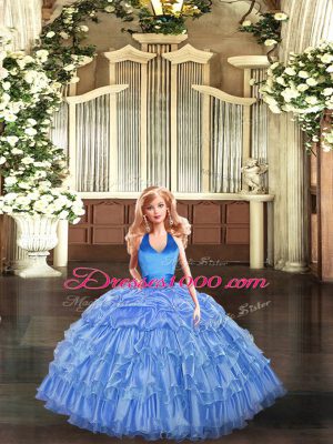 Trendy Baby Blue Quince Ball Gowns Sweet 16 and Quinceanera with Ruffles and Pick Ups Halter Top Sleeveless Lace Up