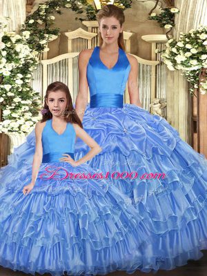 Trendy Baby Blue Quince Ball Gowns Sweet 16 and Quinceanera with Ruffles and Pick Ups Halter Top Sleeveless Lace Up