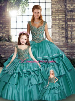 Classical Sleeveless Floor Length Beading and Ruffled Layers Lace Up Sweet 16 Dress with Teal