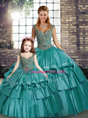 Classical Sleeveless Floor Length Beading and Ruffled Layers Lace Up Sweet 16 Dress with Teal