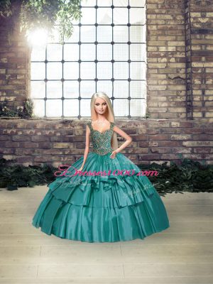 Classical Sleeveless Floor Length Beading and Ruffled Layers Lace Up Sweet 16 Dress with Teal