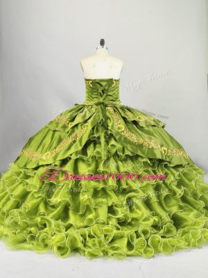 Sleeveless Embroidery and Ruffled Layers Lace Up 15 Quinceanera Dress with Olive Green Brush Train