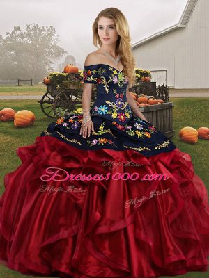 Charming Embroidery and Ruffles Sweet 16 Dress Red And Black Lace Up Sleeveless Floor Length