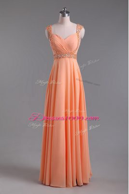 On Sale Orange Straps Backless Beading and Ruching Prom Gown Sleeveless