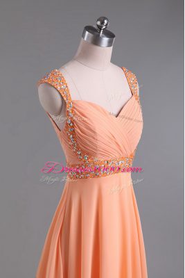 On Sale Orange Straps Backless Beading and Ruching Prom Gown Sleeveless