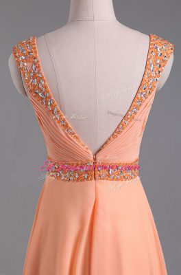 On Sale Orange Straps Backless Beading and Ruching Prom Gown Sleeveless