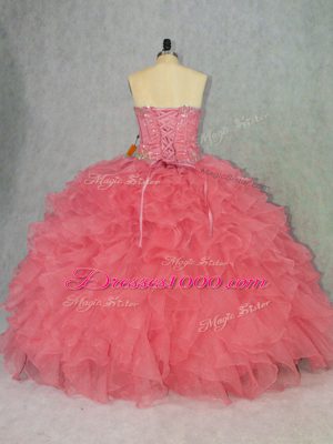 Delicate Watermelon Red Lace Up Sweetheart Beading and Ruffles Quinceanera Dress Organza Sleeveless