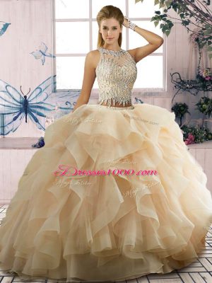 Floor Length Champagne Ball Gown Prom Dress Scoop Sleeveless Lace Up