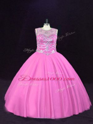 Floor Length Pink Sweet 16 Quinceanera Dress Tulle Sleeveless Beading