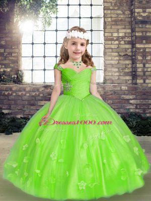Nice Tulle Sleeveless Floor Length Little Girl Pageant Dress and Beading and Hand Made Flower