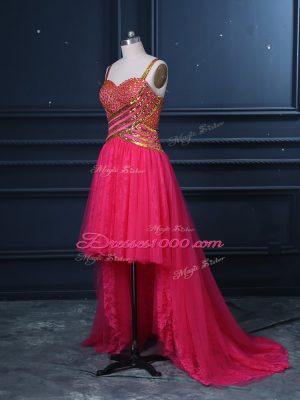 Custom Made Hot Pink Sleeveless Beading and Lace and Sequins High Low Dress for Prom