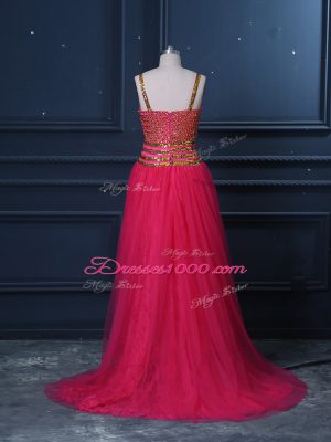 Custom Made Hot Pink Sleeveless Beading and Lace and Sequins High Low Dress for Prom