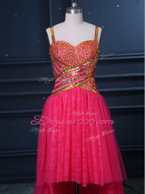 Custom Made Hot Pink Sleeveless Beading and Lace and Sequins High Low Dress for Prom