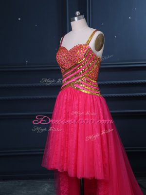 Custom Made Hot Pink Sleeveless Beading and Lace and Sequins High Low Dress for Prom