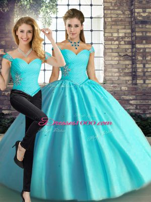 Artistic Floor Length Lace Up Quinceanera Gown Aqua Blue for Military Ball and Sweet 16 and Quinceanera with Beading
