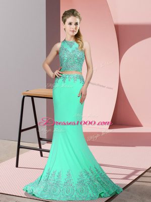 High Quality Apple Green High-neck Neckline Beading and Appliques Prom Gown Sleeveless Zipper