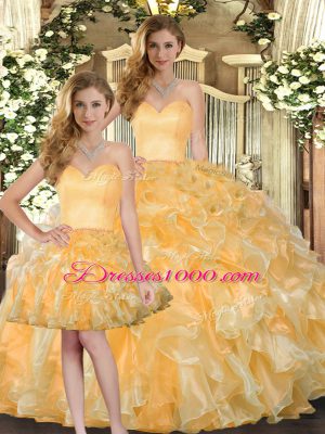 Sweetheart Sleeveless Lace Up Quinceanera Gown Gold Organza