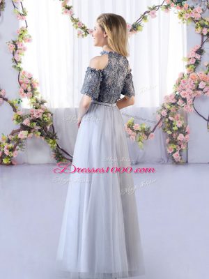 Grey Off The Shoulder Neckline Appliques Quinceanera Court Dresses Short Sleeves Zipper