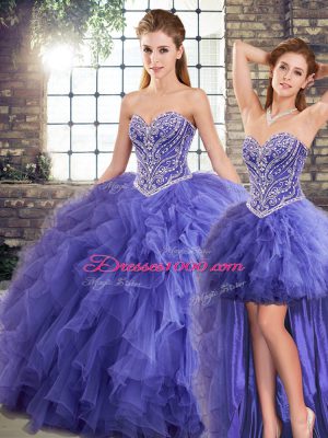 Noble Lavender Sweetheart Neckline Beading and Ruffles Sweet 16 Dress Sleeveless Lace Up