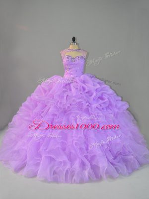 Glorious Lavender Scoop Lace Up Beading and Ruffles Vestidos de Quinceanera Sleeveless
