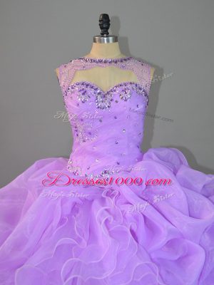 Glorious Lavender Scoop Lace Up Beading and Ruffles Vestidos de Quinceanera Sleeveless