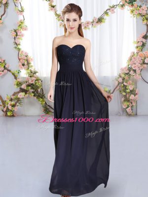 Navy Blue Empire Sweetheart Sleeveless Chiffon Floor Length Zipper Beading and Lace Bridesmaid Gown