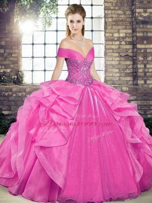 Cute Ball Gowns Sweet 16 Quinceanera Dress Rose Pink Off The Shoulder Organza Sleeveless Floor Length Lace Up