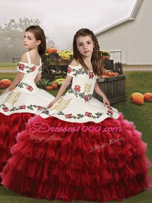 Nice Red Ball Gowns Straps Sleeveless Organza Floor Length Lace Up Embroidery and Ruffled Layers Little Girl Pageant Dress