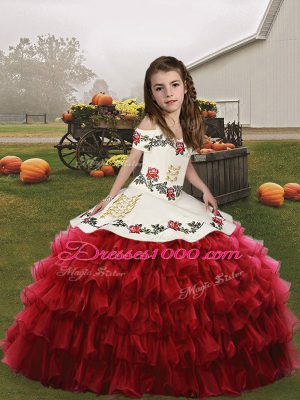 Nice Red Ball Gowns Straps Sleeveless Organza Floor Length Lace Up Embroidery and Ruffled Layers Little Girl Pageant Dress