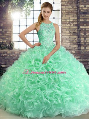 Apple Green Ball Gowns Fabric With Rolling Flowers Scoop Sleeveless Beading Floor Length Lace Up 15th Birthday Dress