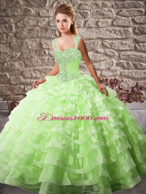 Straps Sleeveless Court Train Lace Up Quinceanera Gown Organza