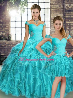 Off The Shoulder Sleeveless Vestidos de Quinceanera Brush Train Beading and Ruffles Aqua Blue Organza