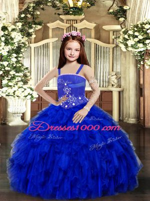 Tulle Straps Sleeveless Lace Up Beading and Ruffles High School Pageant Dress in Royal Blue