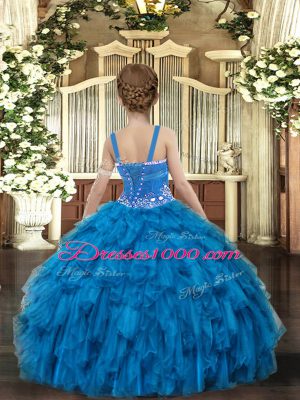 Tulle Straps Sleeveless Lace Up Beading and Ruffles High School Pageant Dress in Royal Blue