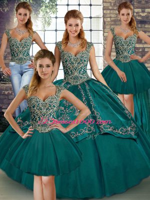 Teal Sleeveless Beading and Embroidery Floor Length Quince Ball Gowns