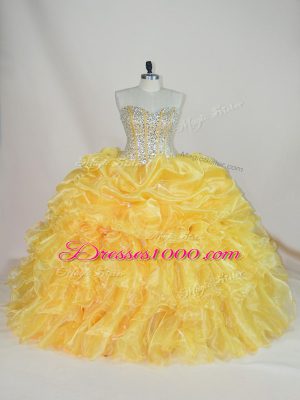 Gold Organza Lace Up Sweetheart Sleeveless Floor Length Sweet 16 Quinceanera Dress Beading and Ruffles