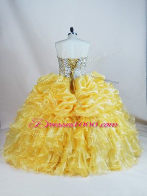 Gold Organza Lace Up Sweetheart Sleeveless Floor Length Sweet 16 Quinceanera Dress Beading and Ruffles