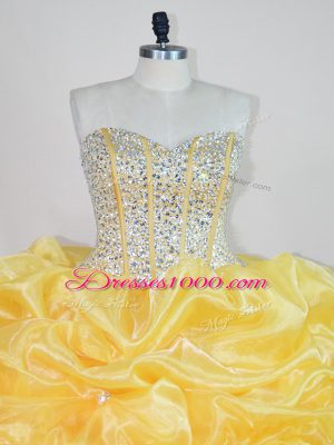 Gold Organza Lace Up Sweetheart Sleeveless Floor Length Sweet 16 Quinceanera Dress Beading and Ruffles