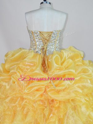 Gold Organza Lace Up Sweetheart Sleeveless Floor Length Sweet 16 Quinceanera Dress Beading and Ruffles