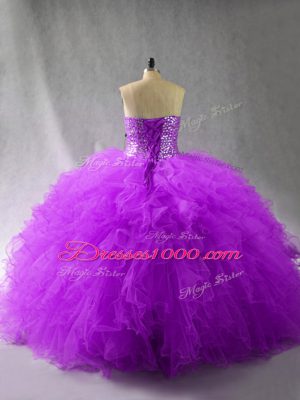 Decent Purple Sleeveless Floor Length Beading and Ruffles Lace Up Quinceanera Gown