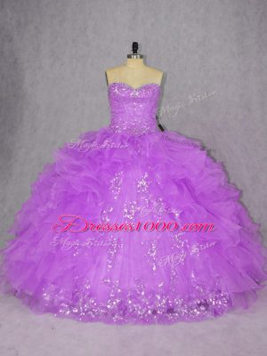 Purple Ball Gowns Sweetheart Sleeveless Organza Floor Length Lace Up Appliques and Ruffles 15th Birthday Dress