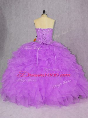 Purple Ball Gowns Sweetheart Sleeveless Organza Floor Length Lace Up Appliques and Ruffles 15th Birthday Dress