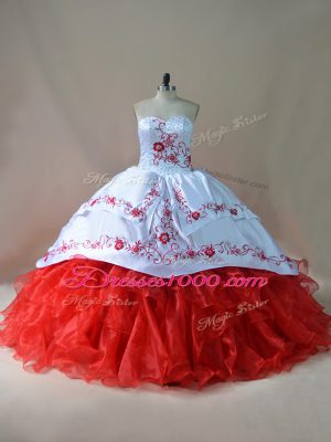 Fashionable White And Red Lace Up Sweetheart Embroidery Quinceanera Dresses Satin and Organza Sleeveless Court Train