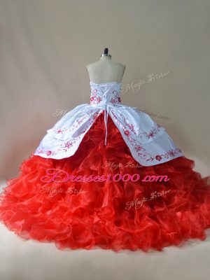 Fashionable White And Red Lace Up Sweetheart Embroidery Quinceanera Dresses Satin and Organza Sleeveless Court Train