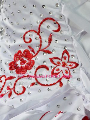 Fashionable White And Red Lace Up Sweetheart Embroidery Quinceanera Dresses Satin and Organza Sleeveless Court Train