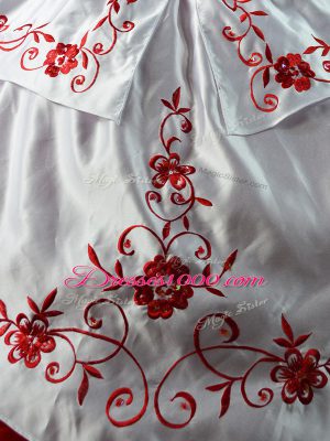 Fashionable White And Red Lace Up Sweetheart Embroidery Quinceanera Dresses Satin and Organza Sleeveless Court Train