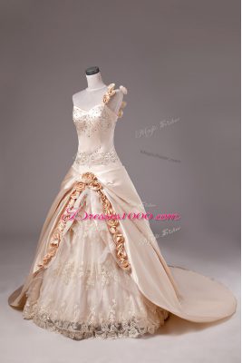 One Shoulder Sleeveless Brush Train Lace Up Quinceanera Gown Champagne Satin