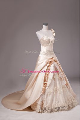 One Shoulder Sleeveless Brush Train Lace Up Quinceanera Gown Champagne Satin